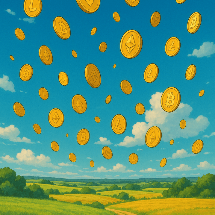 Crypto airdrop tokens scattered across a green field