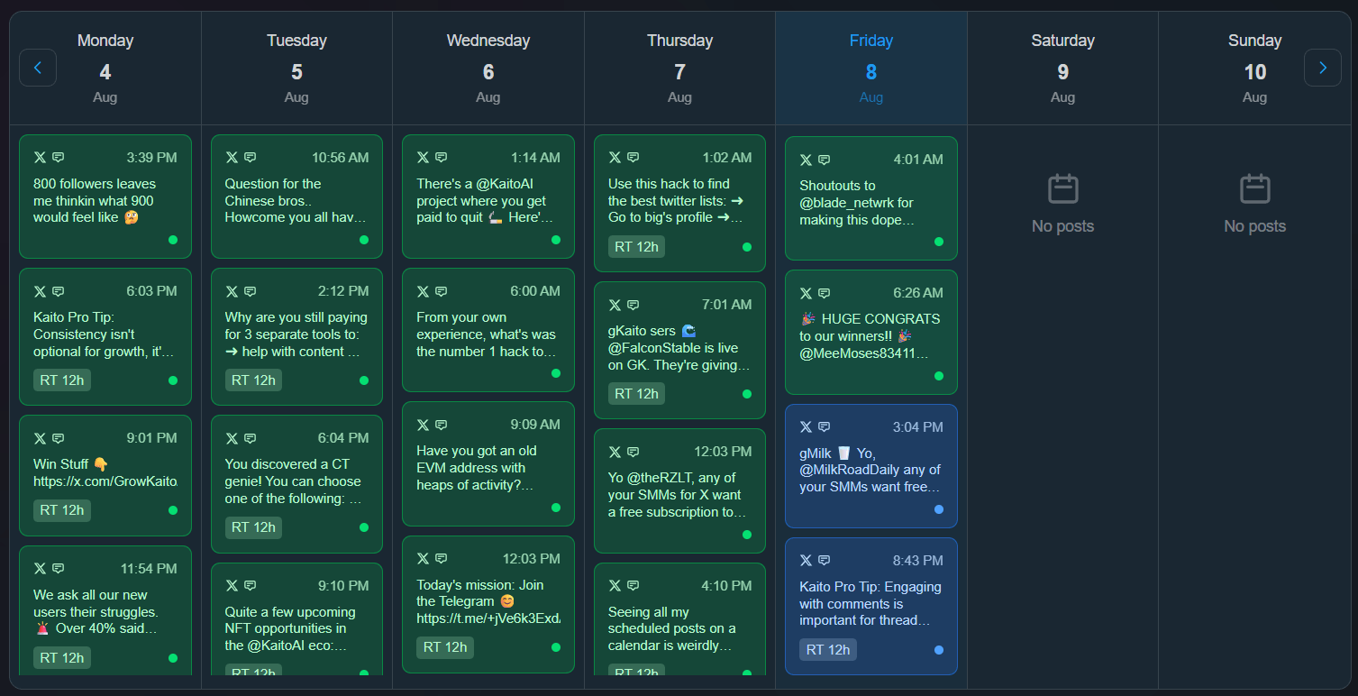 Content Calendar view from the GrowKaito Scheduling tool
