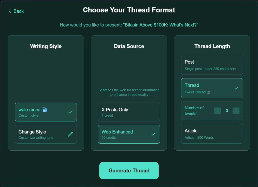 GrowKaito thread generator showing trending crypto topics